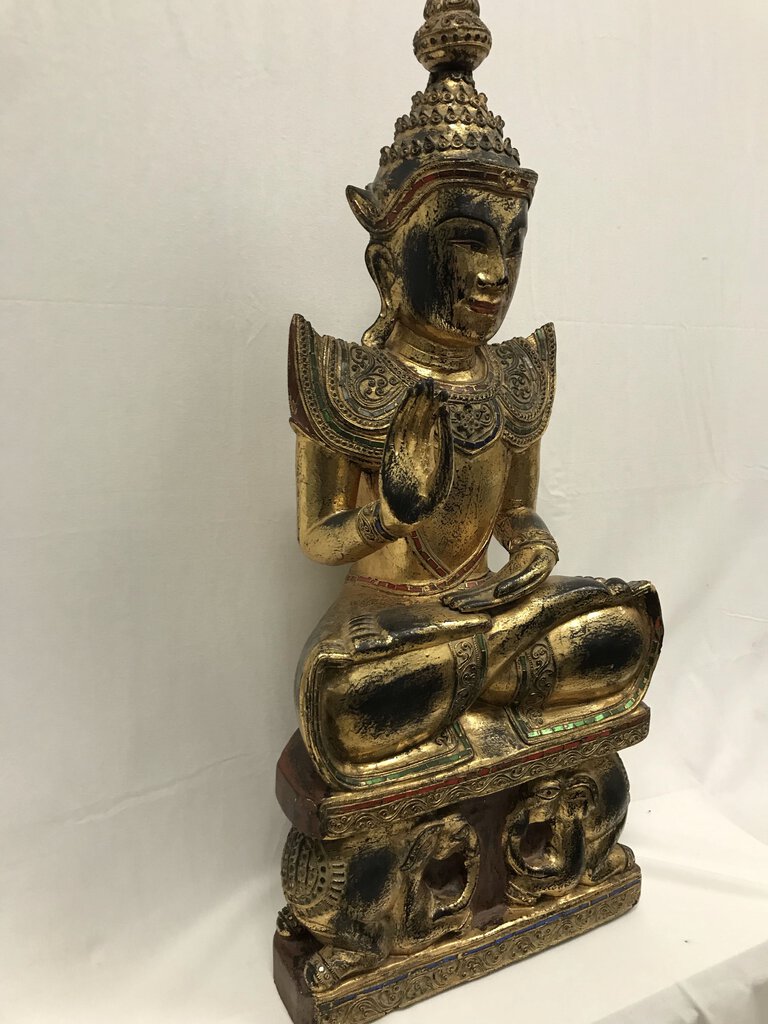 Wooden Buddha Statue W/ Colored Glass Inlay 37" Tall