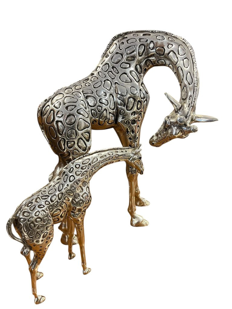 Claudio Rodriguez Silver Plated Mother Giraffe & Baby Sculptures