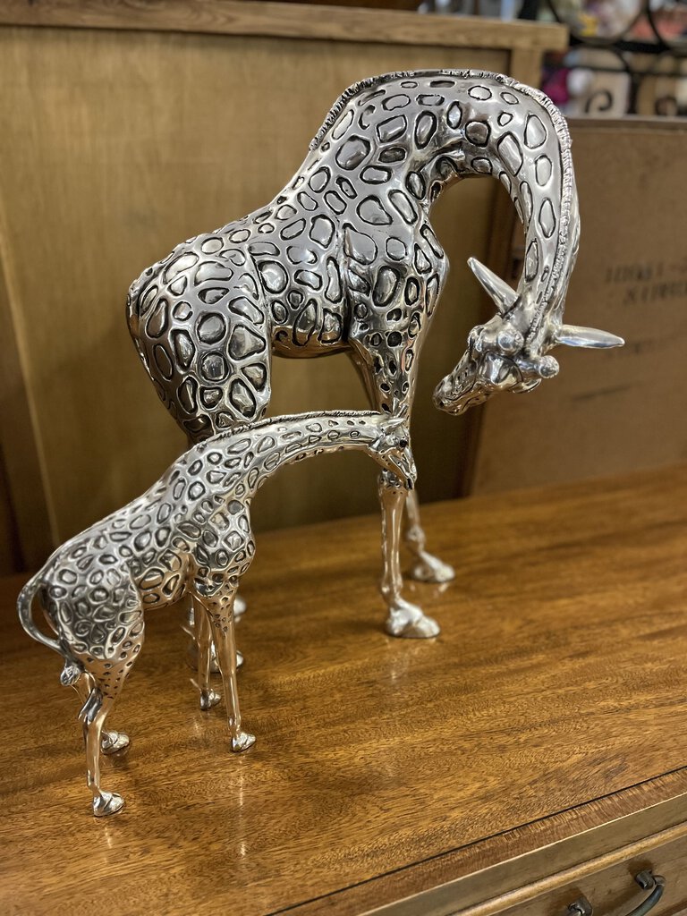 Claudio Rodriguez Silver Plated Mother Giraffe & Baby Sculptures