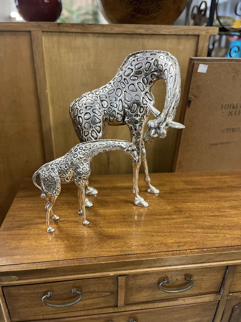 Claudio Rodriguez Silver Plated Mother Giraffe & Baby Sculptures