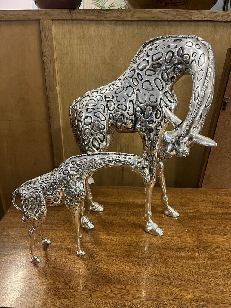 Claudio Rodriguez Silver Plated Mother Giraffe & Baby Sculptures