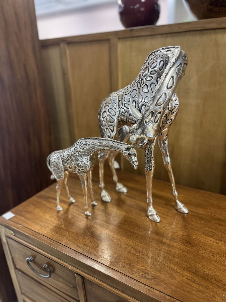 Claudio Rodriguez Silver Plated Mother Giraffe & Baby Sculptures