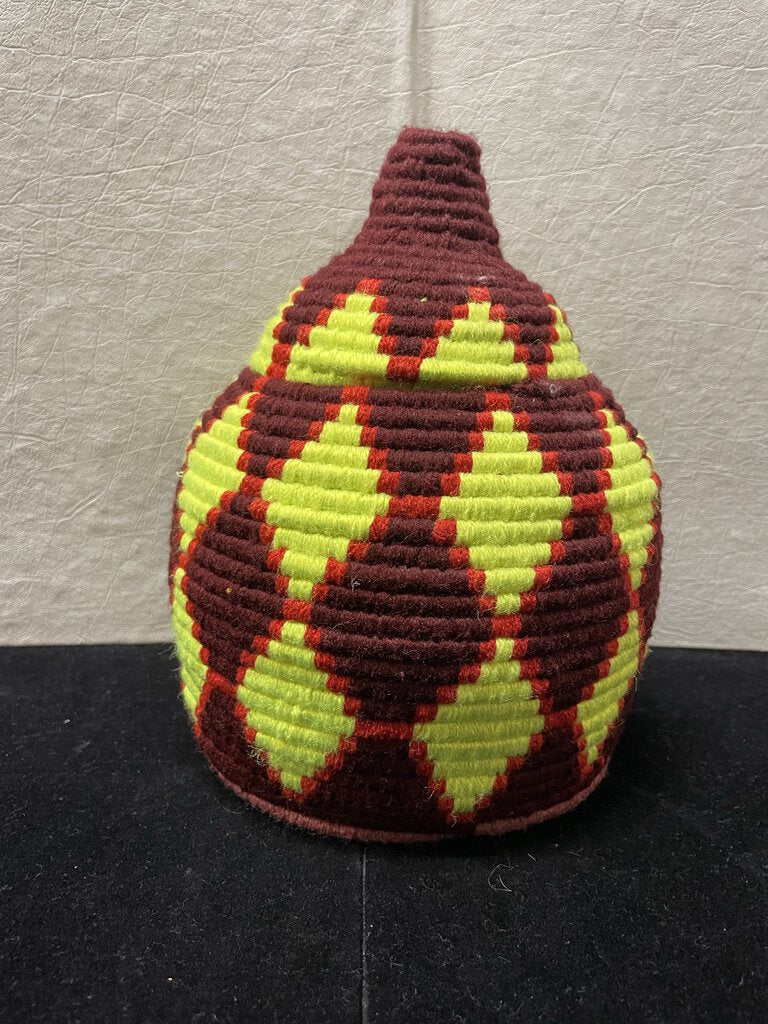 African Moroccan Style Woven Red Yellow Lidded Basket