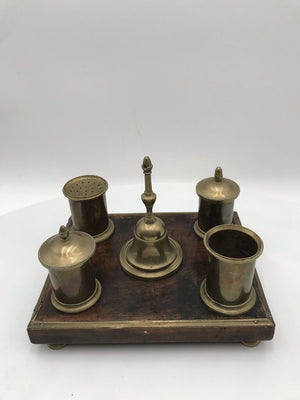 Vintage Brass and Wood Inkwell Desk Set