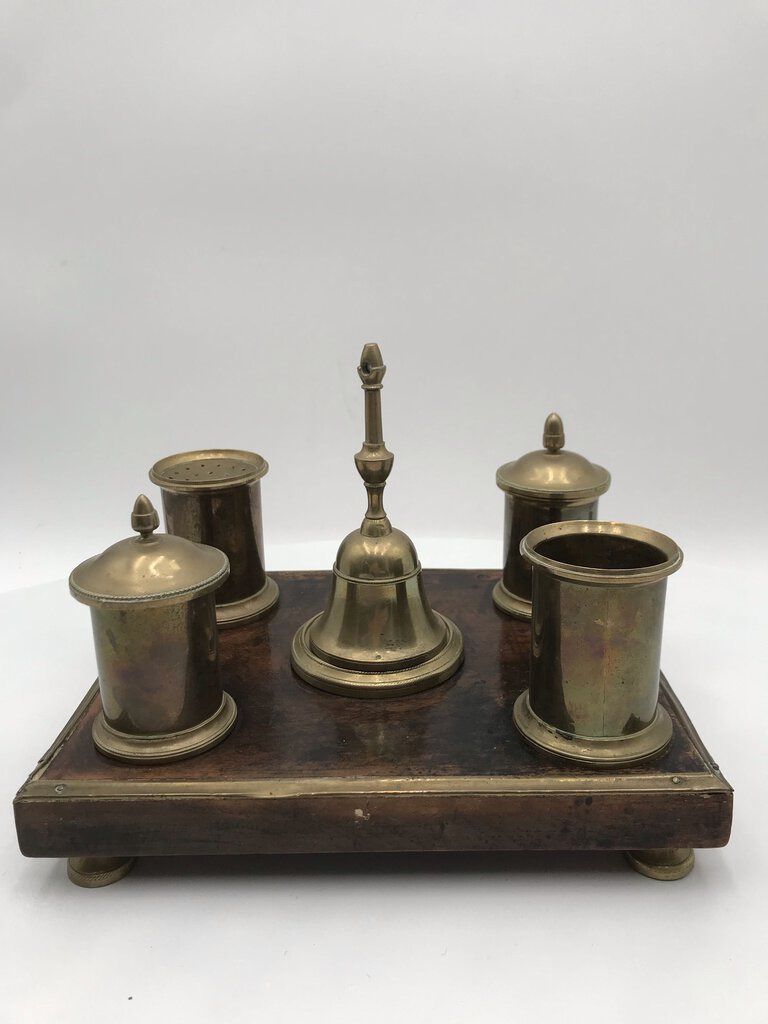 Vintage Brass and Wood Inkwell Desk Set