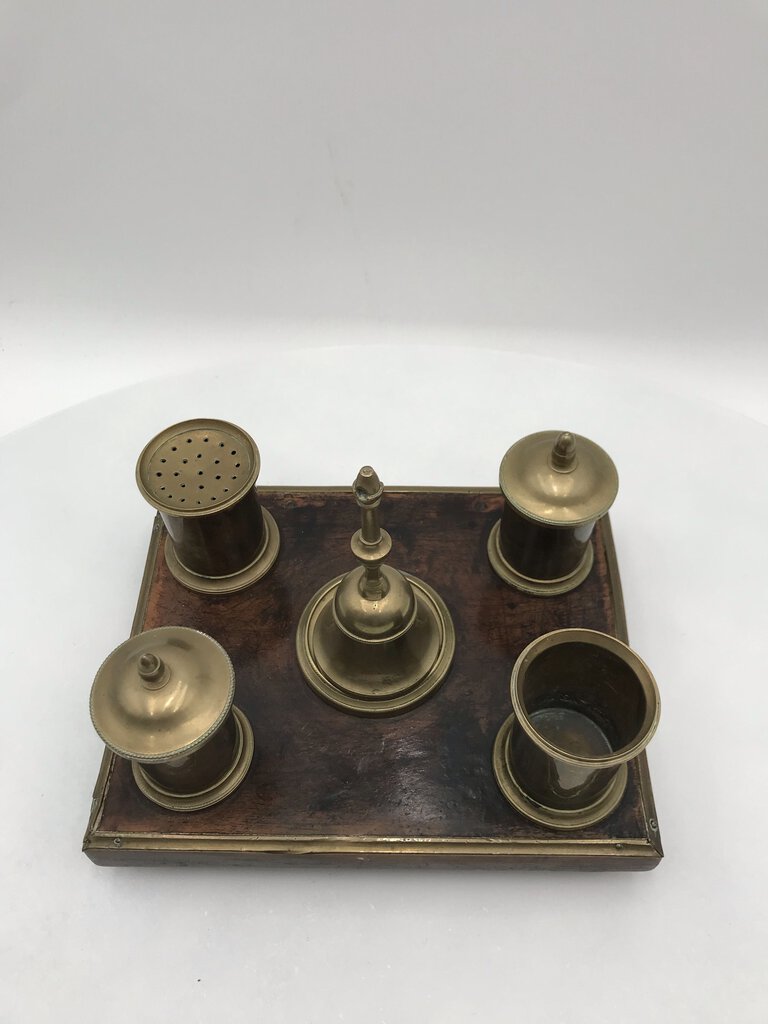 Vintage Brass and Wood Inkwell Desk Set