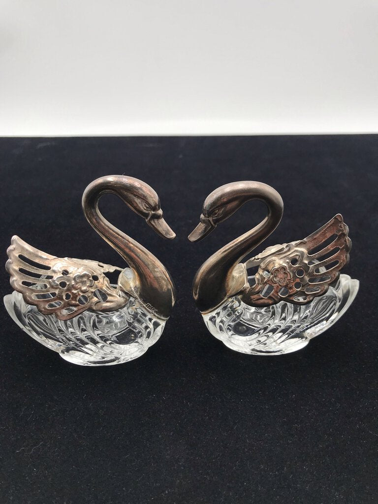 Vintage Italian Silver Plated Crystal Swan Salt Cellar