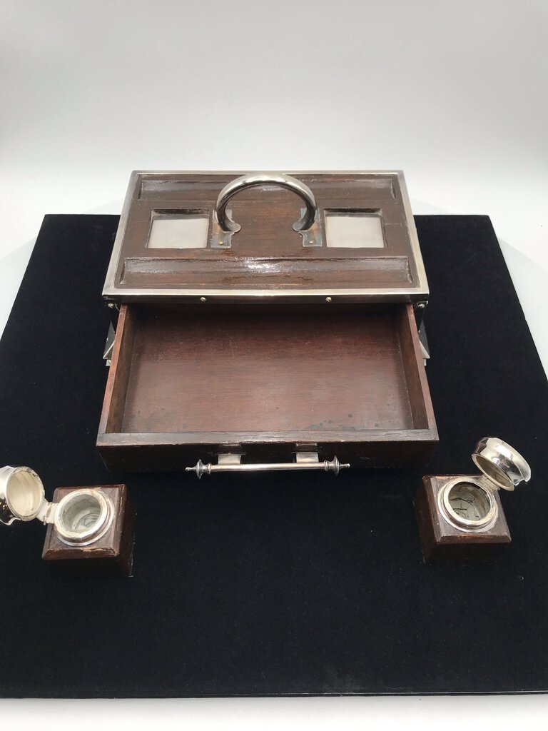 English Silver Plated Oak Inkwell Desk set