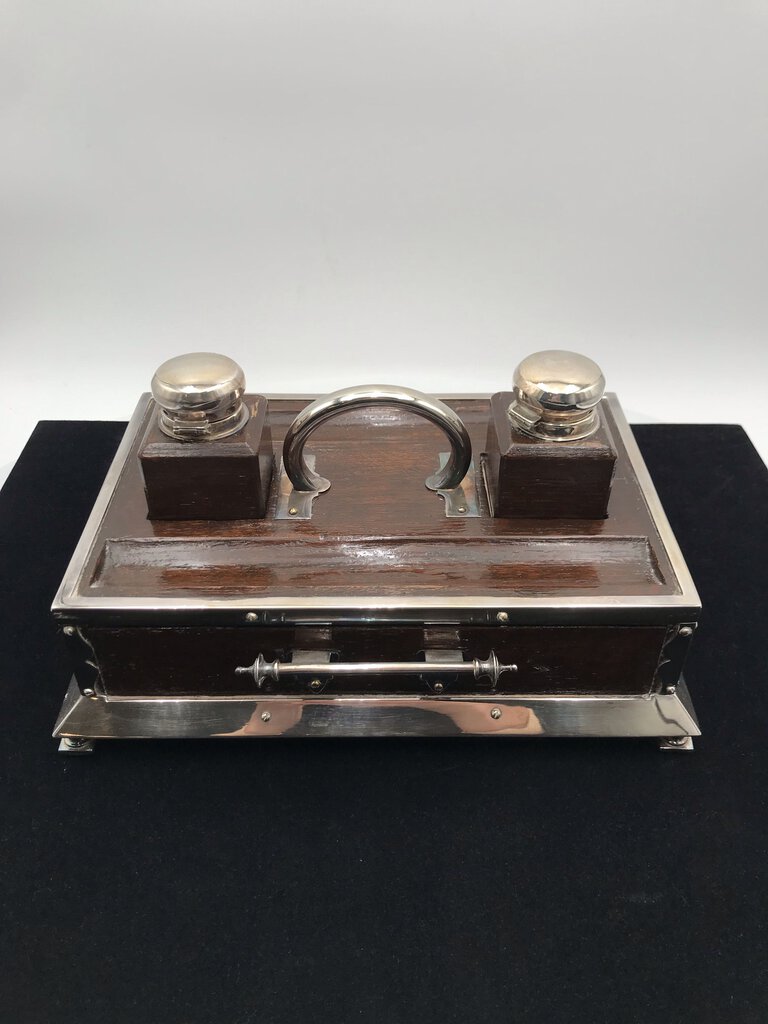 English Silver Plated Oak Inkwell Desk set