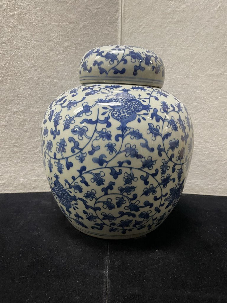 Asian Style Blue White Floral Vine Motif Lidded Ginger Jar