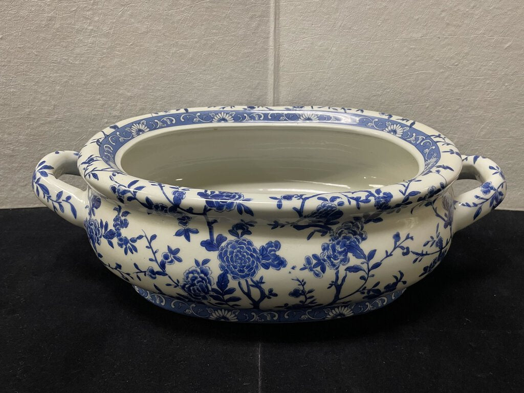 Asian Style Blue White Floral Rose Motif Porcelain Foot Bath