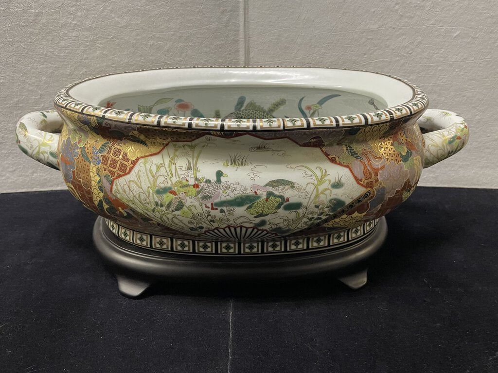 Chinese Satsuma Style Gilt Hand Painted Enamel Water Foul and Monkeys Motif Porcelain Foot Bath