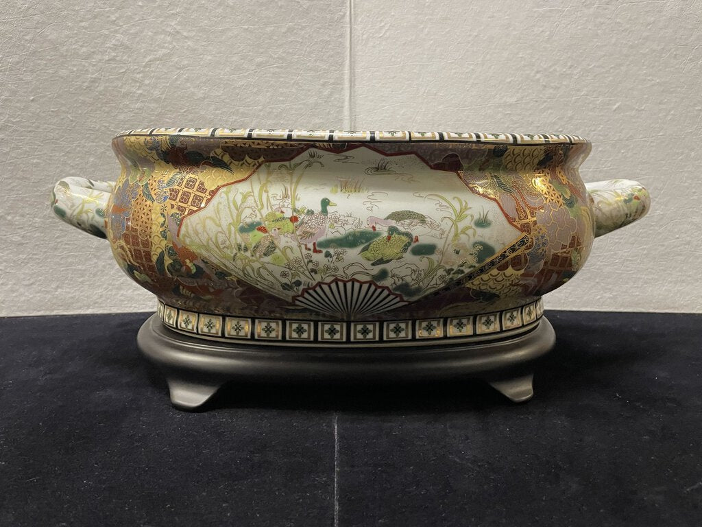 Chinese Satsuma Style Gilt Hand Painted Enamel Water Foul and Monkeys Motif Porcelain Foot Bath