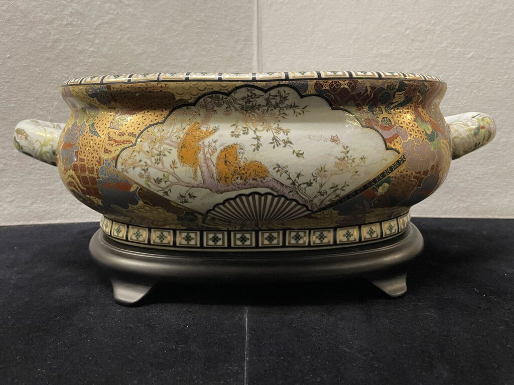 Chinese Satsuma Style Gilt Hand Painted Enamel Water Foul and Monkeys Motif Porcelain Foot Bath