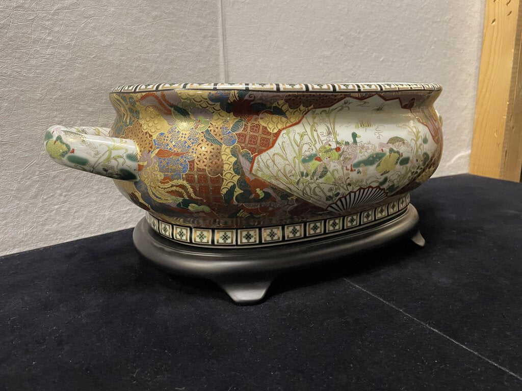 Chinese Satsuma Style Gilt Hand Painted Enamel Water Foul and Monkeys Motif Porcelain Foot Bath