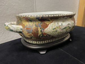 Chinese Satsuma Style Gilt Hand Painted Enamel Water Foul and Monkeys Motif Porcelain Foot Bath