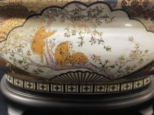 Chinese Satsuma Style Gilt Hand Painted Enamel Water Foul and Monkeys Motif Porcelain Foot Bath