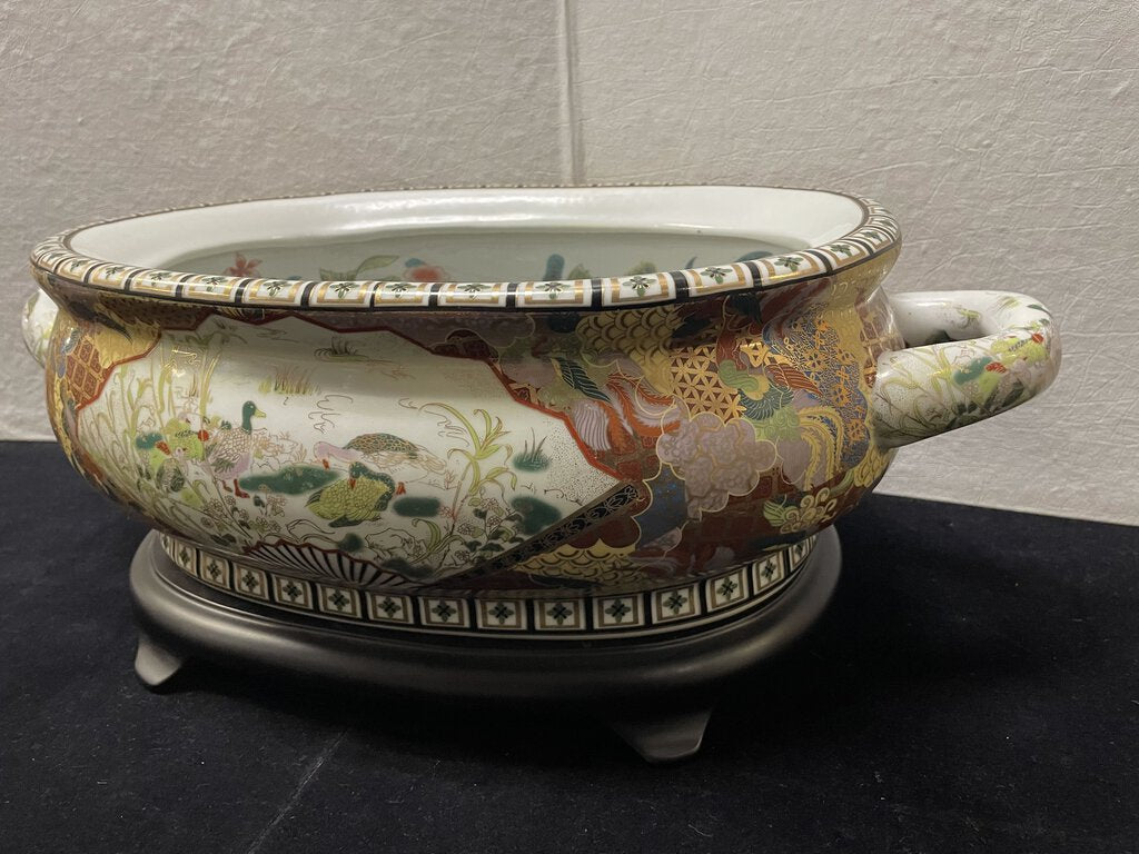 Chinese Satsuma Style Gilt Hand Painted Enamel Water Foul and Monkeys Motif Porcelain Foot Bath