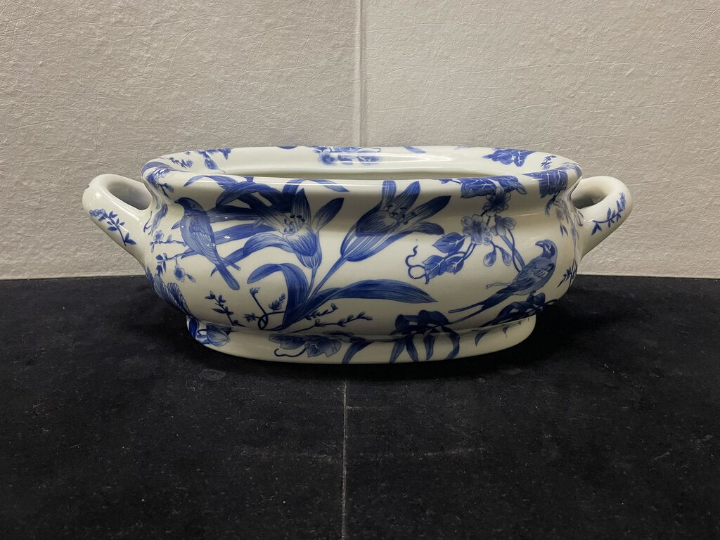 Asian Style Blue White Birds and Blossoms Motif Porcelain Foot Bath