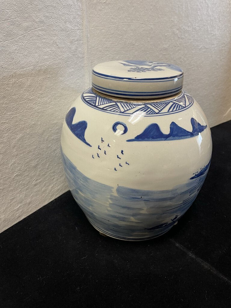 Asian Style Blue White Fishing Village Motif Porcelain Lidded Ginger Jar