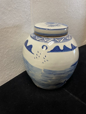 Asian Style Blue White Fishing Village Motif Porcelain Lidded Ginger Jar