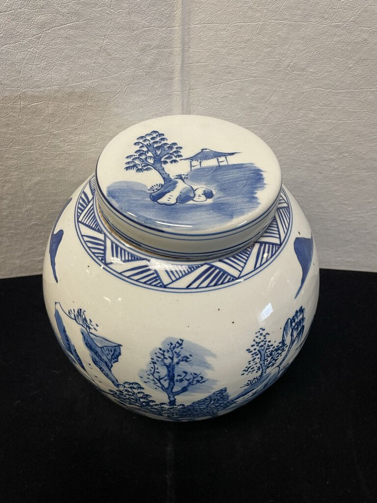 Asian Style Blue White Fishing Village Motif Porcelain Lidded Ginger Jar