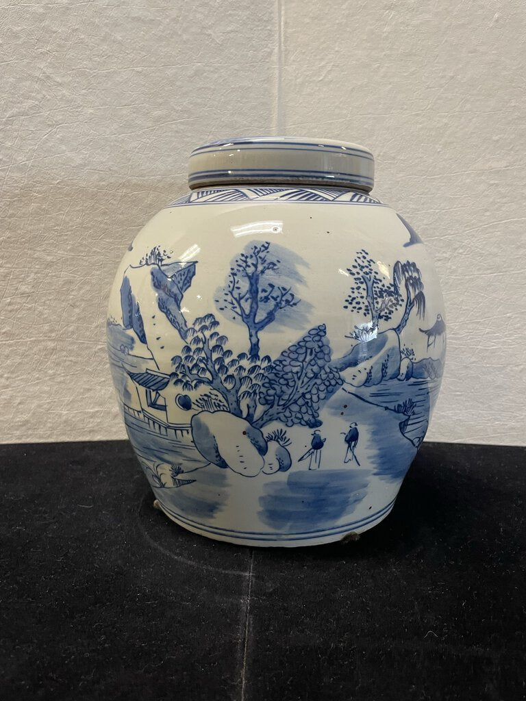 Asian Style Blue White Fishing Village Motif Porcelain Lidded Ginger Jar