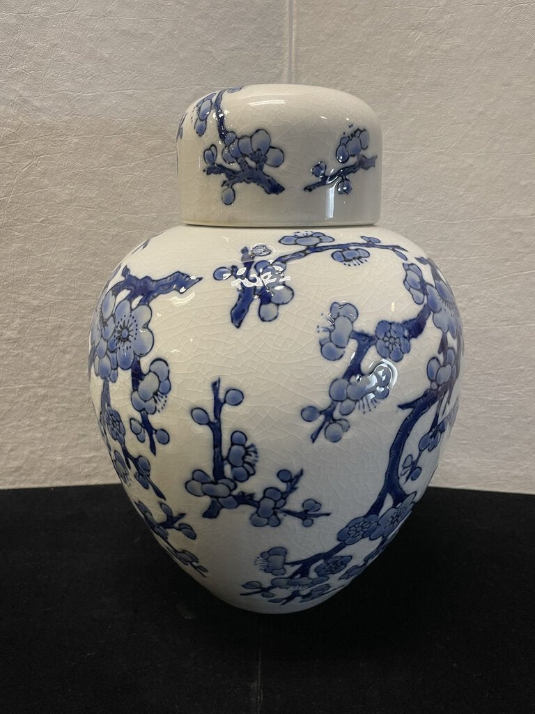 Teavana Asian Style Blue White Crackle Glaze Cherry Blossoms Lidded Ginger Jar