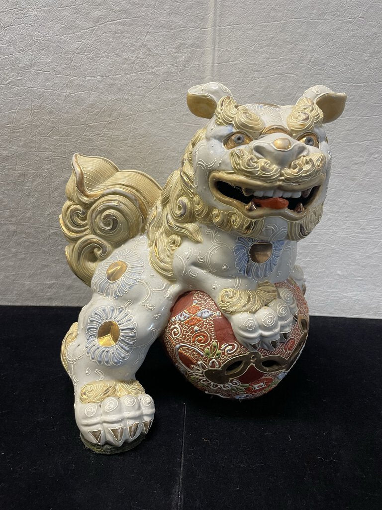 Japanese Kutani Moriage Porcelain Shishi Foo Dog Gilt Floral Enamel Motif Holding Sphere