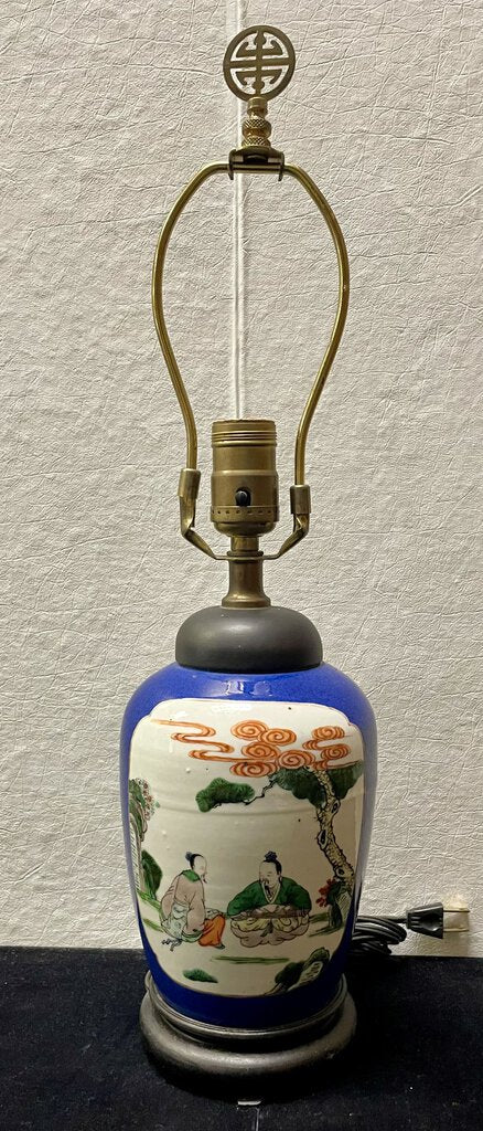 Vintage Blue Hand Painted Enamel Porcelain Ginger Jar Table Lamp