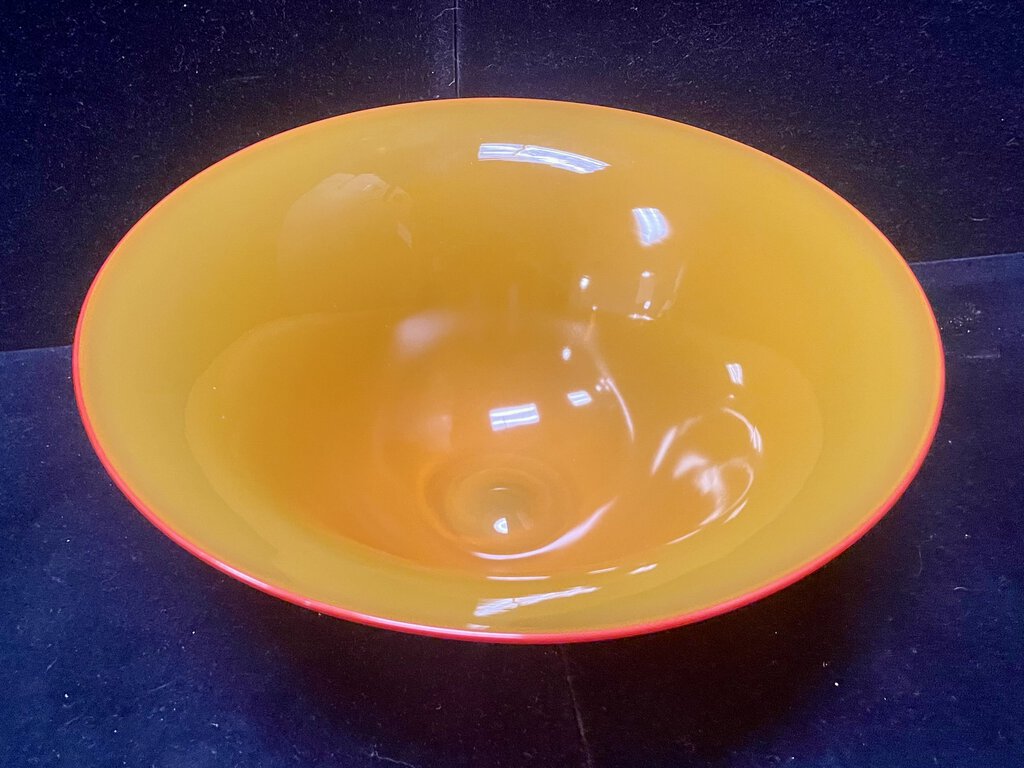 Erik Eiserling Orange Red Rim Blown Glass Footed Bowl Signed