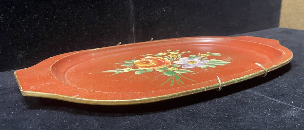 Vintage Red Floral Rose Oval Metal Serving Tray w/ Wall Hanger
