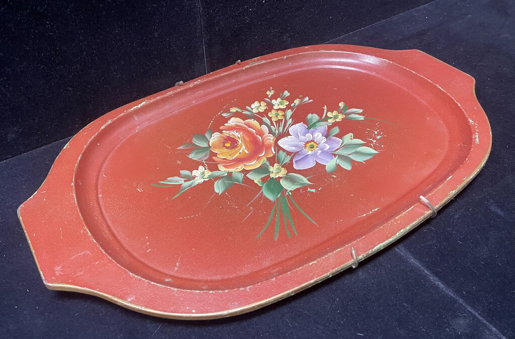 Vintage Red Floral Rose Oval Metal Serving Tray w/ Wall Hanger