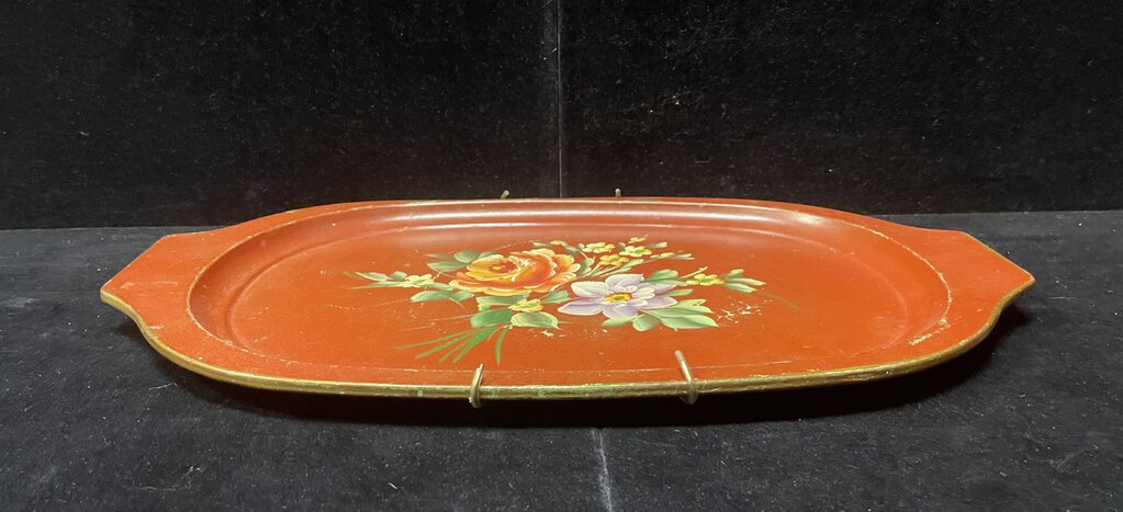 Vintage Red Floral Rose Oval Metal Serving Tray w/ Wall Hanger
