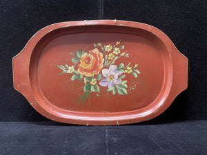 Vintage Red Floral Rose Oval Metal Serving Tray w/ Wall Hanger