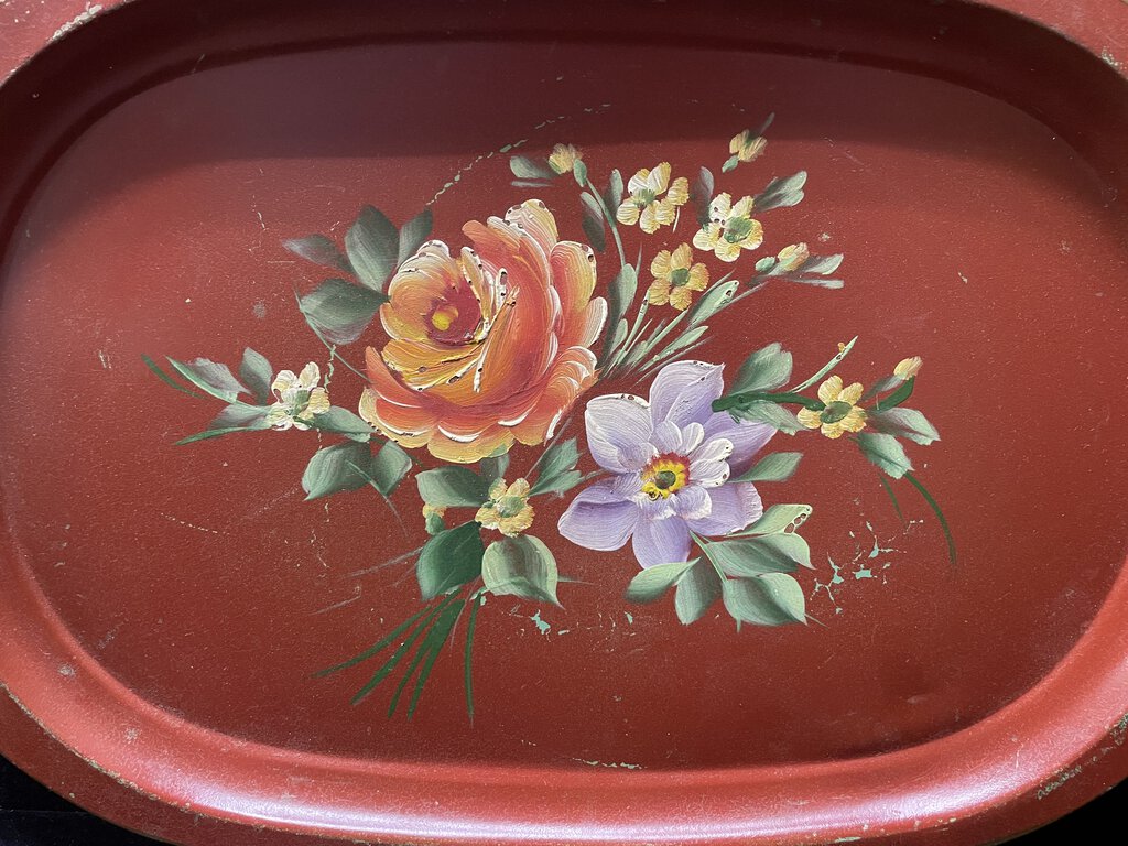 Vintage Red Floral Rose Oval Metal Serving Tray w/ Wall Hanger