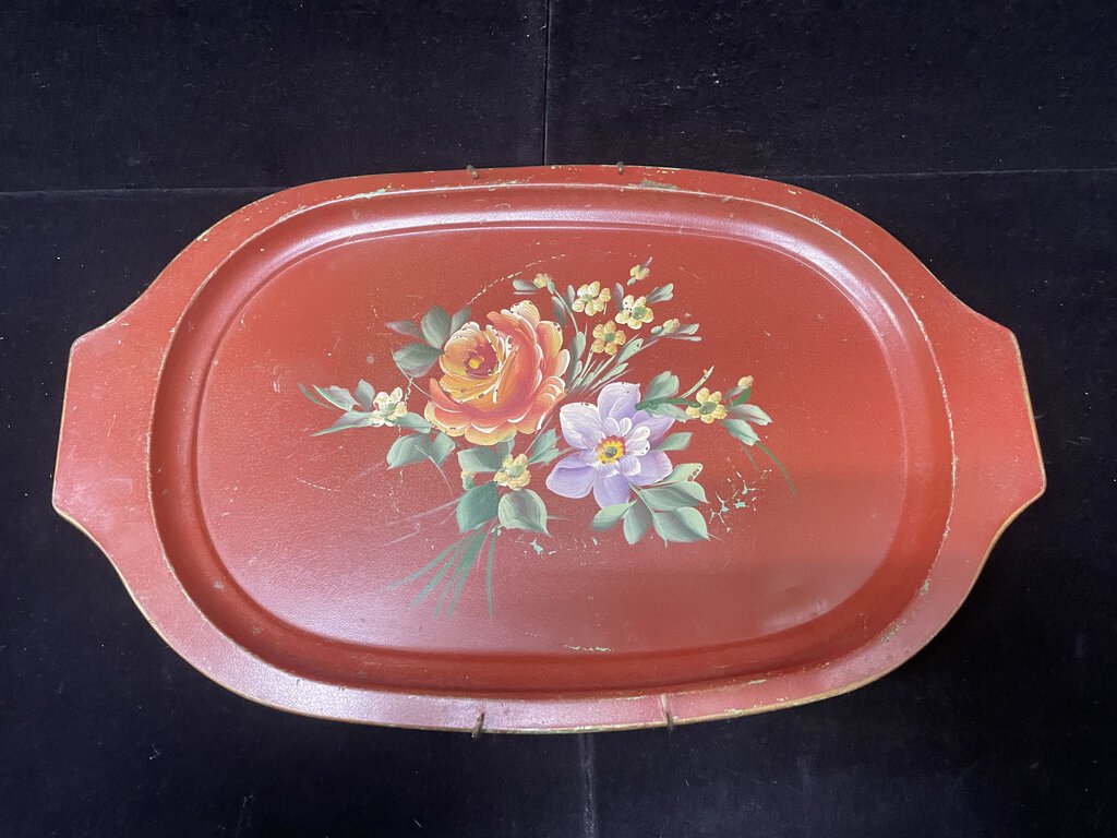 Vintage Red Floral Rose Oval Metal Serving Tray w/ Wall Hanger