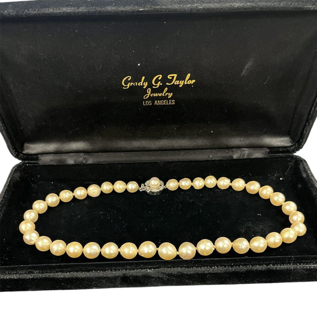 Vintage Pearl Necklace 14K White Gold Diamond Clasp 16" + Original Black Velvet "Grady G. Taylor Jewelry Los Angeles" Box