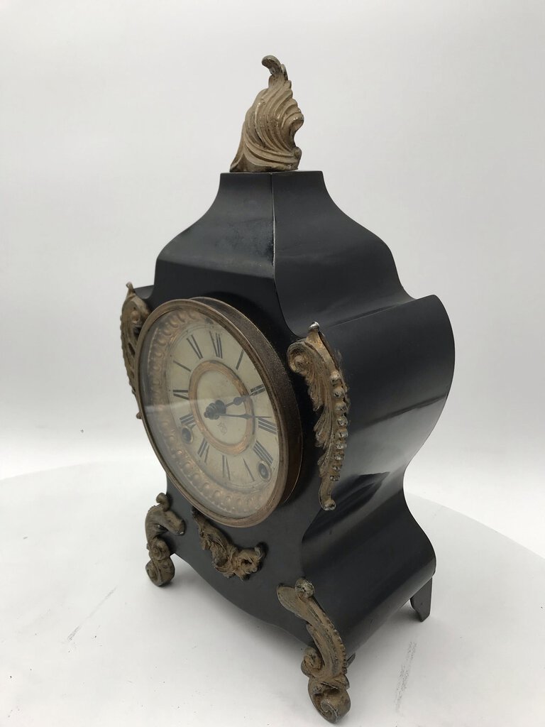 Antique Ansonia Black Lacquer/Gilt Mantel Clock