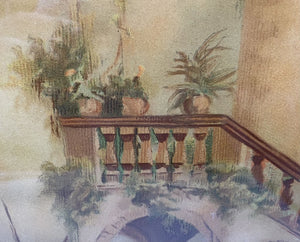 19th C. Reverse Painting on Glass Untitled Italian Villa Canal Scene Artist Unknown