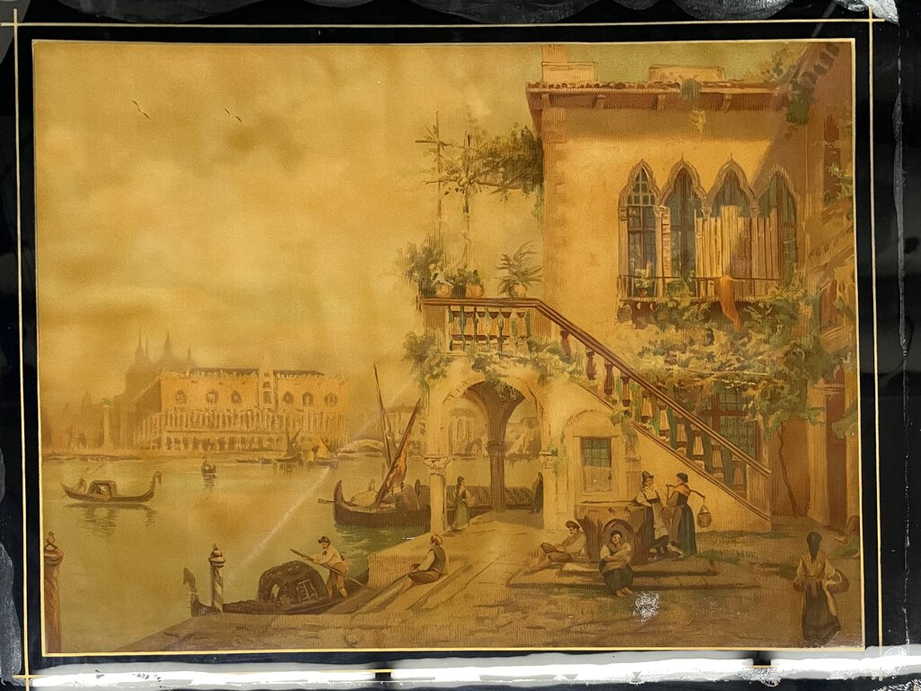 19th C. Reverse Painting on Glass Untitled Italian Villa Canal Scene Artist Unknown