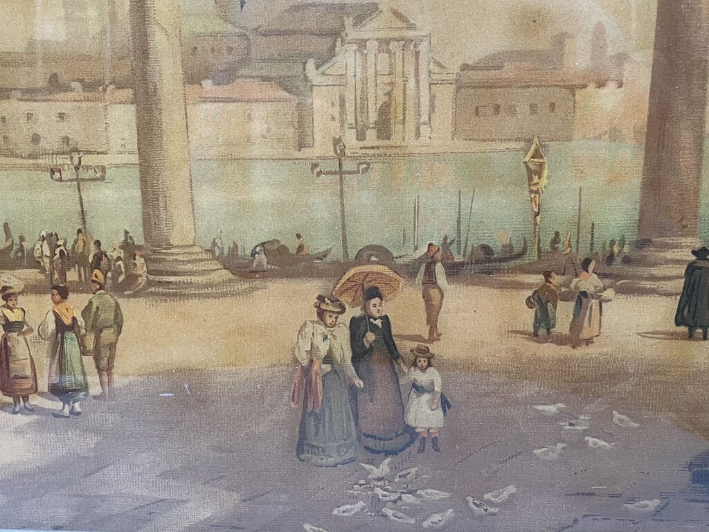 19th C. Reverse Painting on Glass Untitled Italian Public Plaza Scene Artist Unknown