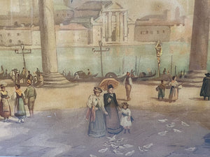 19th C. Reverse Painting on Glass Untitled Italian Public Plaza Scene Artist Unknown