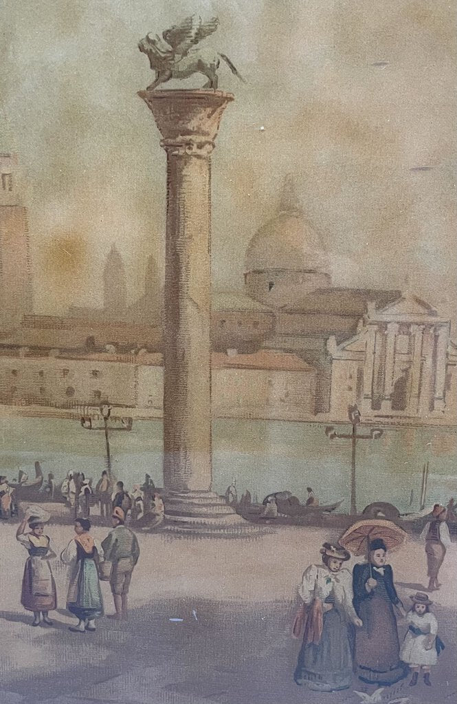 19th C. Reverse Painting on Glass Untitled Italian Public Plaza Scene Artist Unknown