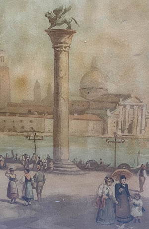 19th C. Reverse Painting on Glass Untitled Italian Public Plaza Scene Artist Unknown