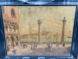 19th C. Reverse Painting on Glass Untitled Italian Public Plaza Scene Artist Unknown