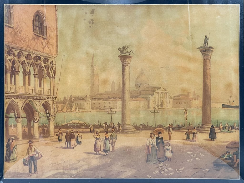 19th C. Reverse Painting on Glass Untitled Italian Public Plaza Scene Artist Unknown