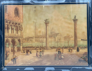 19th C. Reverse Painting on Glass Untitled Italian Public Plaza Scene Artist Unknown