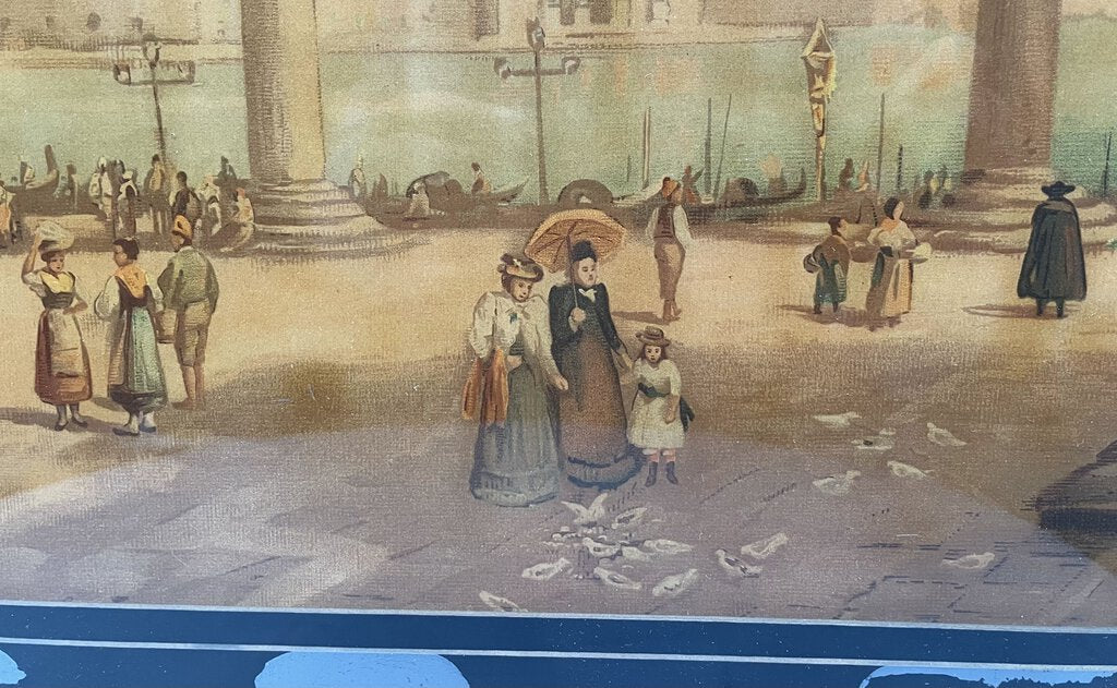 19th C. Reverse Painting on Glass Untitled Italian Public Plaza Scene Artist Unknown