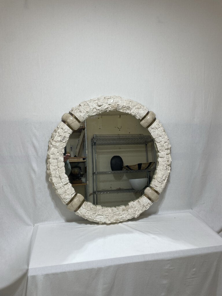 Round White Lime Stone Travertine Brass Accent Heavy Wall Mirror